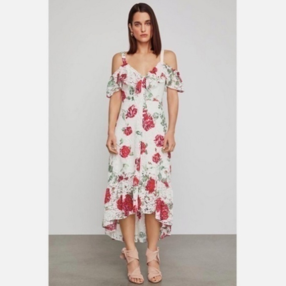 Bcbg Max Azria La Rosa Ivory Floral Lace Drop Shoulder High Low Dress